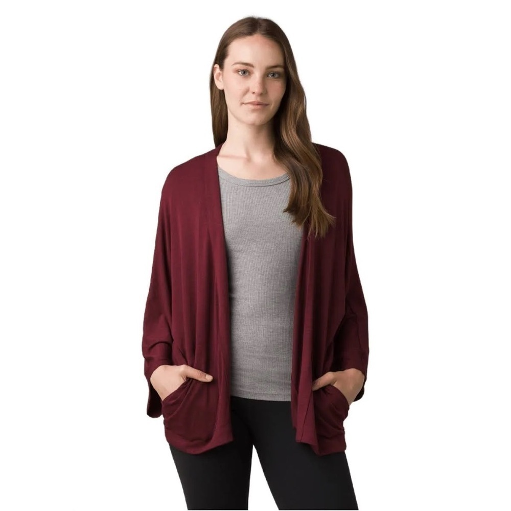 PrAna Foundation Seabrook Wrap Cardigan Sweater Open Front Maroon Heather XL